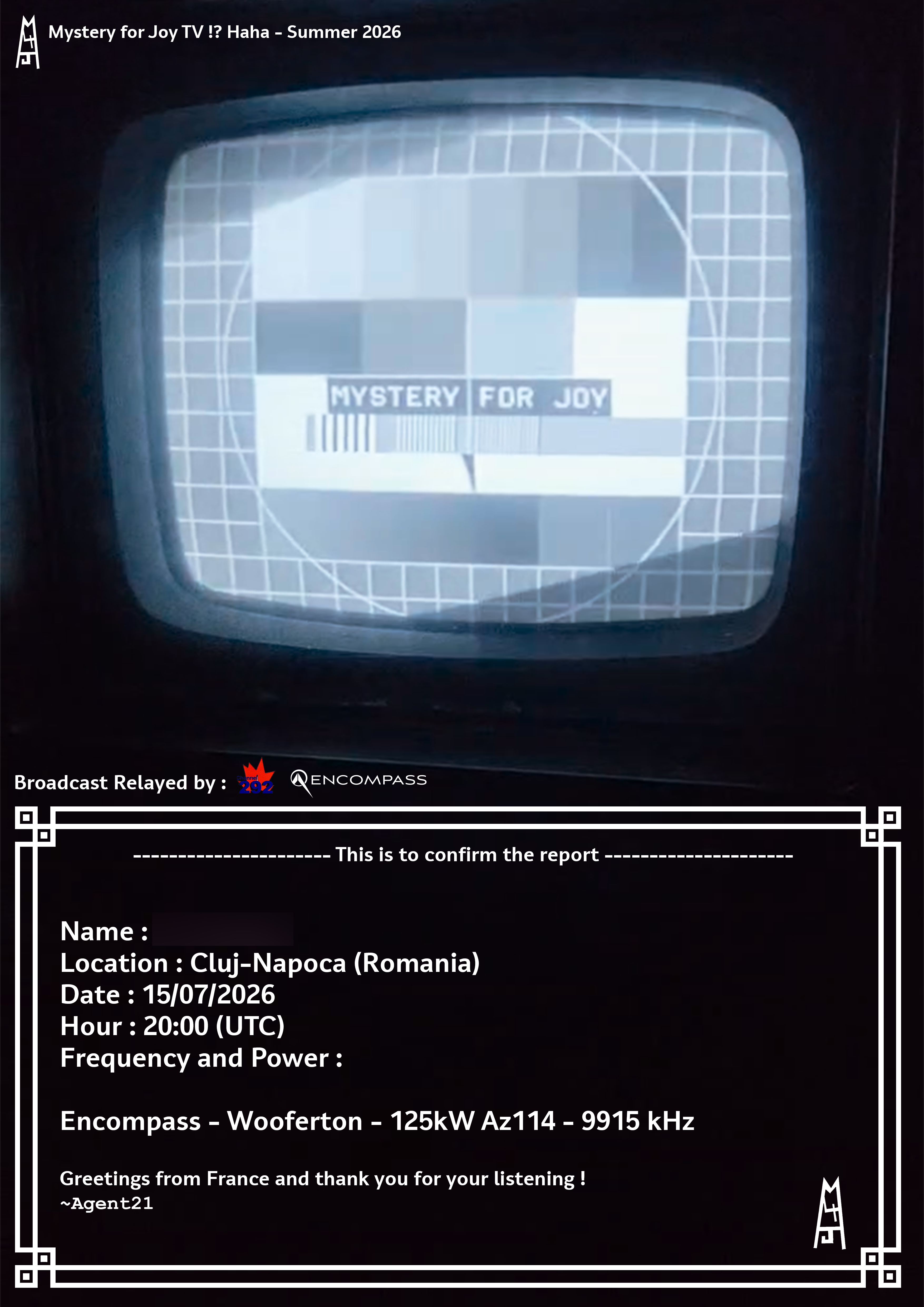 July 2026 E-QSL Card 'Mystery For Joy TV !? Haha'