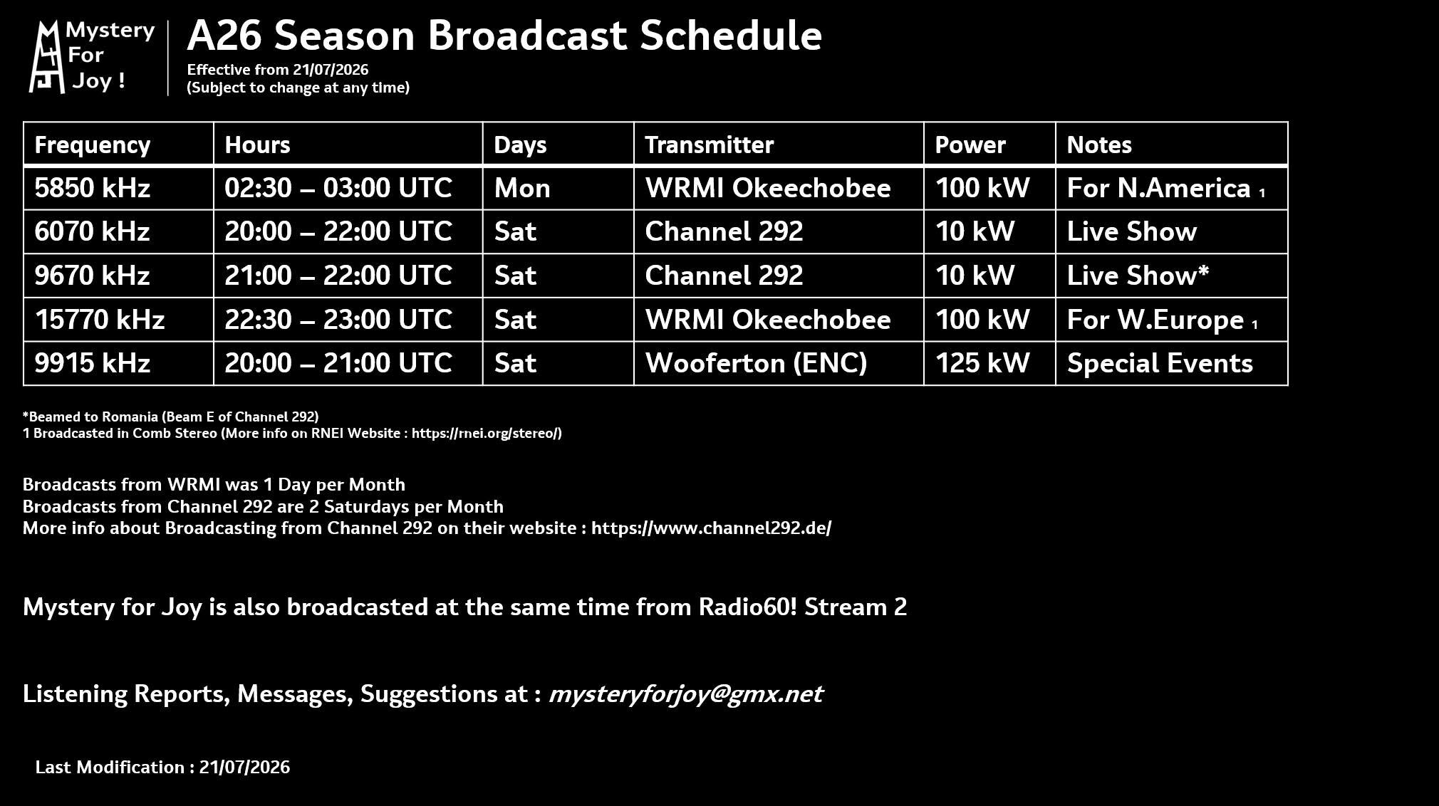 Mystery For Joy August 2026 schedule